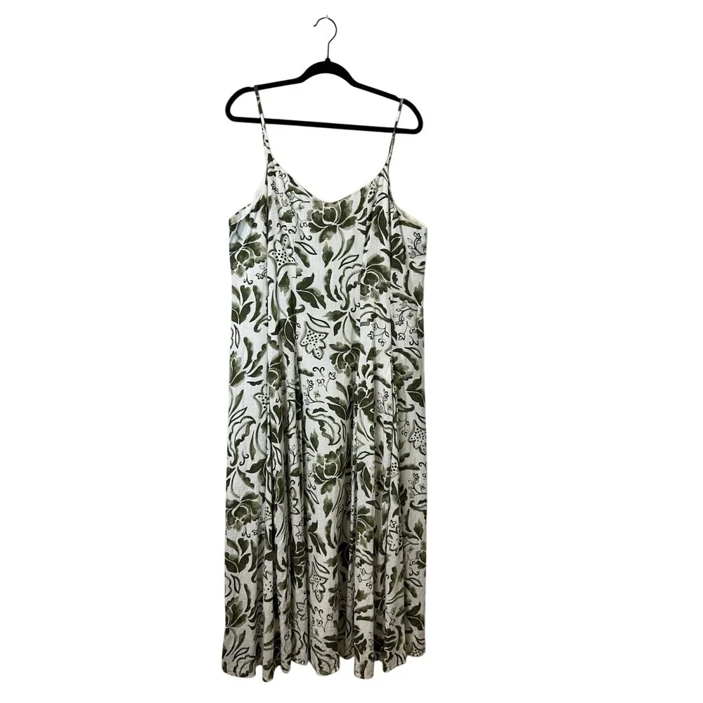 MSK Floral Linen Blend Maxi Dress XL Green White Boho Sleeveless Resort Lined‎